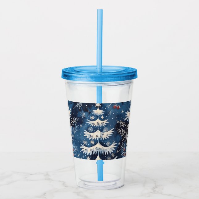 Copo De Acrílico Tumbler Acrílico de Feriado de Árvore Branco Azul (Frente)