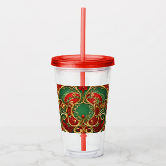 Copo De Acrílico Tumbler Acrílico Floral Vermelho Verde Natal Féria