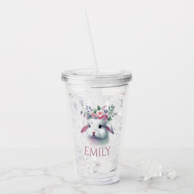Copo De Acrílico Tumbler Acrílico Personalizado - Coelhinho Floral  (Gelo frontal)