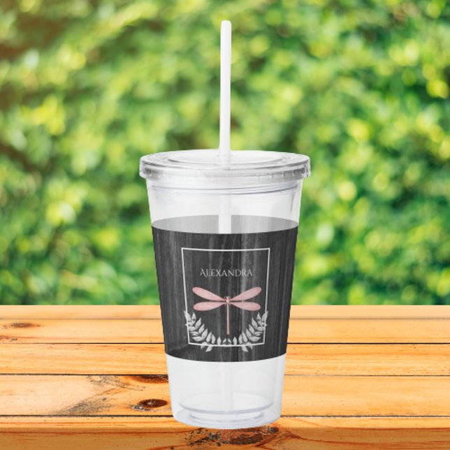 Copo De Acrílico Tumbler Acrílico Personalizado Russo de Dragonfly  (Pink Dragonfly Rustic Personalized Acrylic Tumbler)
