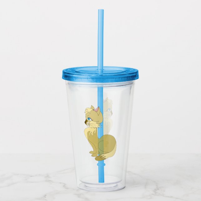 Copo De Acrílico Tumbler de Gato Amarelo Azul (Frente)