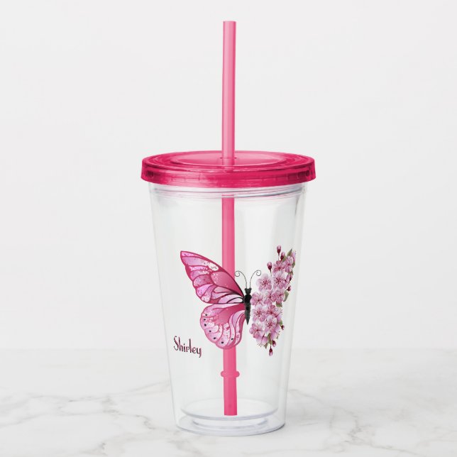 Copo De Acrílico Tumbler do Flor da Borboleta com Nome Personalizad (Frente)