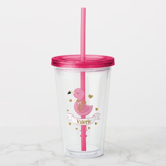 Copo De Acrílico Tumbler Flamingo Rosa com Nome Personalizado (Frente)