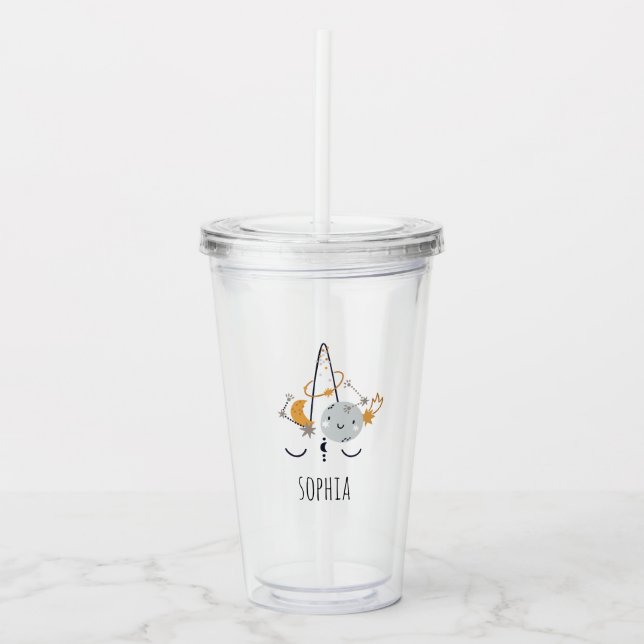Copo De Acrílico Unicorn Lua e estrelas - Tumbler acrílico personal (Frente)