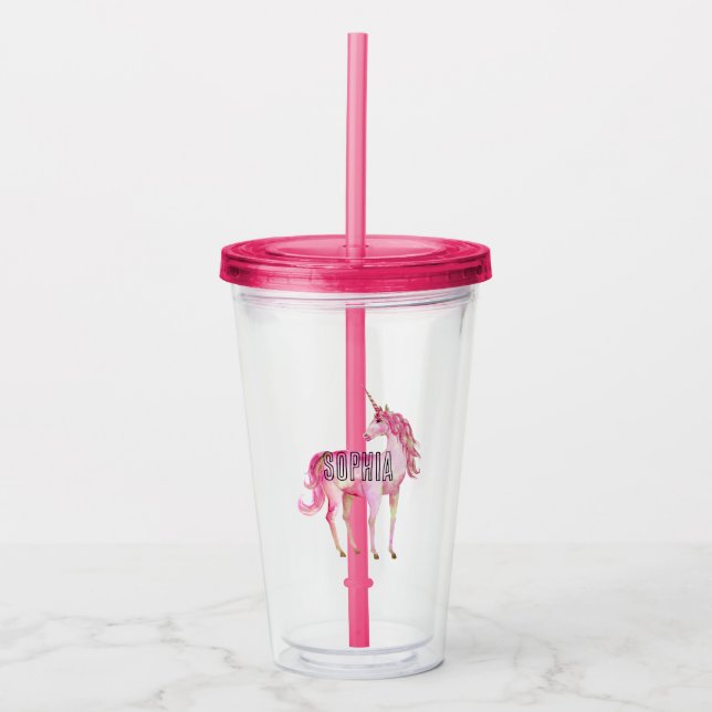 Copo De Acrílico Unicórnio Rosa Feminino (Frente)