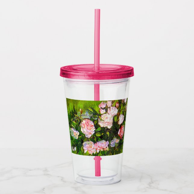 Copo De Acrílico Van Gogh ainda vive com rosas rosa (Frente)