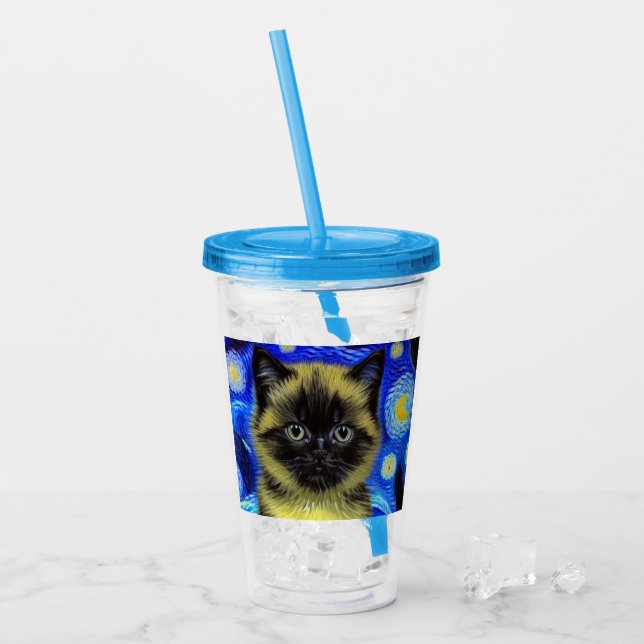 Copo De Acrílico Van Gogh Starry Night Siamese Cat (Gelo frontal)