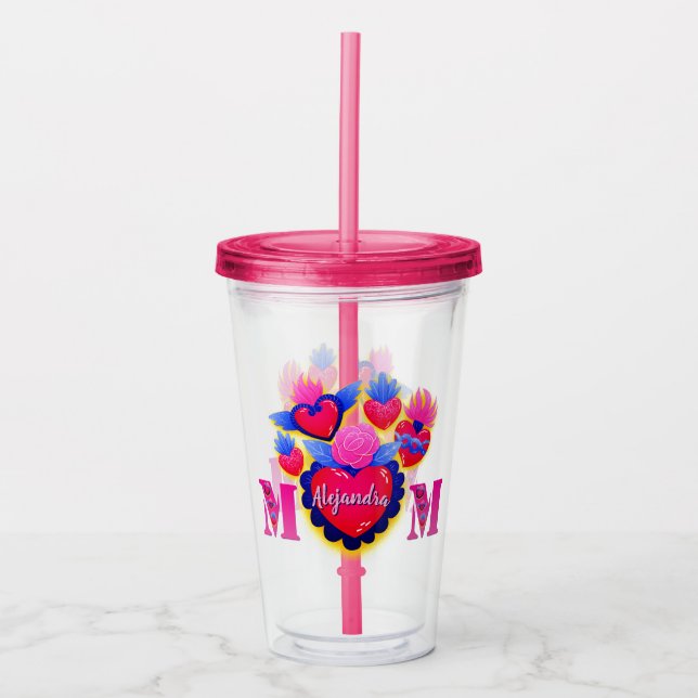 Copo De Acrílico Vaso acrílico Corazones rosas de Mamá Editable (Frente)