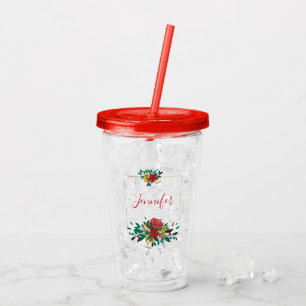 Copo De Acrílico Verde Vermelho Moderno e Dourado Natal Floral