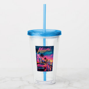 Copo De Acrílico Viagem Miami Flórida Retro Neon Pôr do Sol