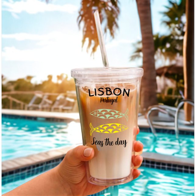 Copo De Acrílico Viagem Verde de Lisboa Costeira Portugal (Modern portugal lover tumbler.)