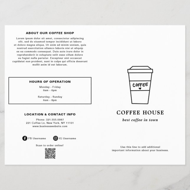 Copo de Café Preto e Branco Fofo Cardápio de Cafet (Frente)