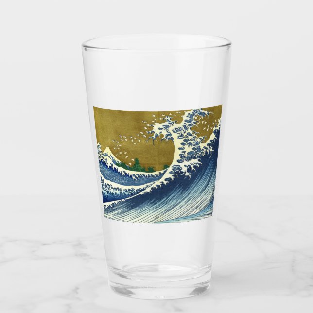 Copo De Pint A Grande Onda (Arte Japonesa Azul e Dourada, Hokus (Frente)