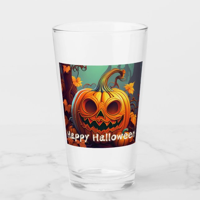 Copo De Pint Abóbora Laranja Assustadora com Rosto, Halloween (Frente)