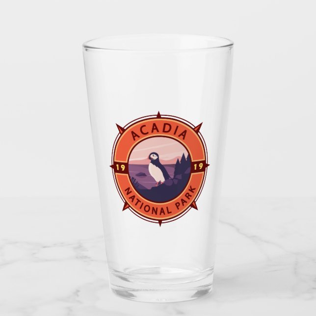 Copo De Pint Acadia National Park Puffin Retro Compass Emblem (Frente)