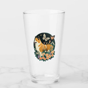 Copo De Pint Akita Dog com Flor e Borboleta T Shirt