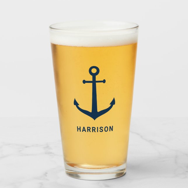Copo De Pint Âncora do navio com nome personalizado azul Marinh (Frente (Preenchido))
