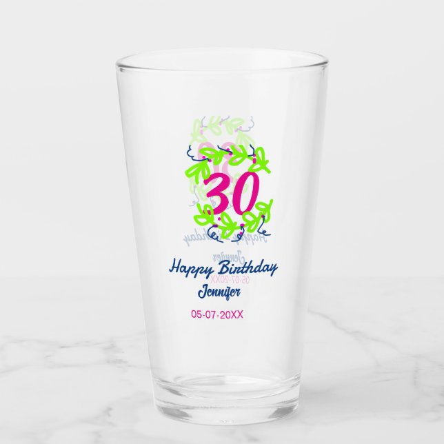 Copo De Pint aniversário de 30 anos verde azul wreath name date (Frente)