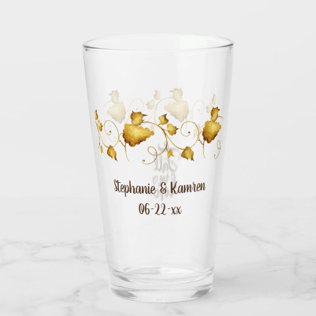 Copo De Pint Apaixonar Casamento de outono com Nomes e Data (Verso)