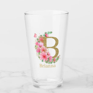 Copo De Pint Aquarela Dourada e Monograma Floral Letra B