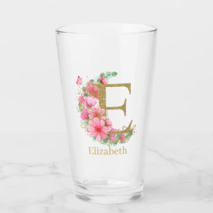 Copo De Pint Aquarela Dourada e Monograma Floral Letra E