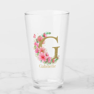 Copo De Pint Aquarela Dourada e Monograma Floral Letra G
