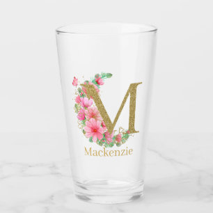 Copo De Pint Aquarela Dourada e Monograma Floral Letra M