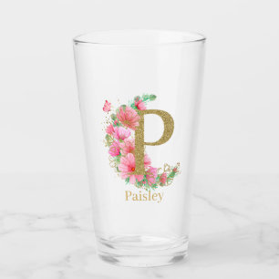Copo De Pint Aquarela Dourada e Monograma Floral Letra P