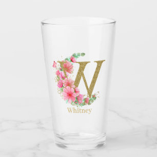 Copo De Pint Aquarela Dourada e Monograma Floral Letra W