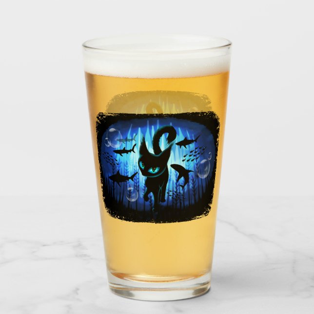 Copo De Pint Aquático - Gato Surreal na Fantasia do Oceano Prof (Frente (Preenchido))
