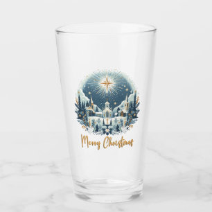 Copo De Pint Azul Feliz Natal e ouro