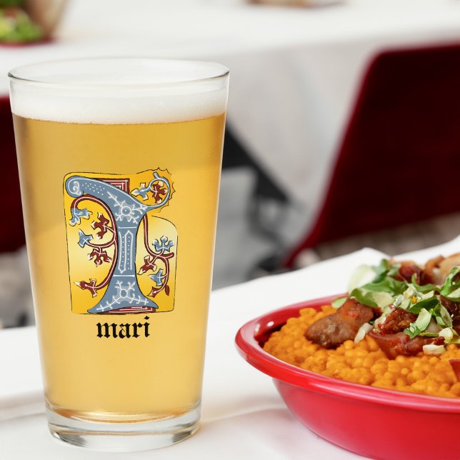 Copo De Pint Azul medieval e maré vermelha iluminada - Letra I (Criador carregado)