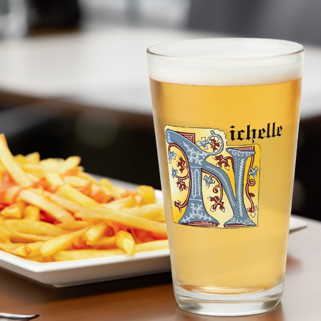 Copo De Pint Azul Medieval e Vermelho Ivy Iluminado - Letra N (Criador carregado)