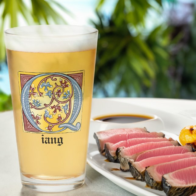 Copo De Pint Azul medieval e vermelho Ivy iluminados - Letra Q (Criador carregado)