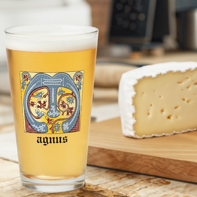 Copo De Pint Azul Medieval e Vermelho - Letra iluminada M (Criador carregado)