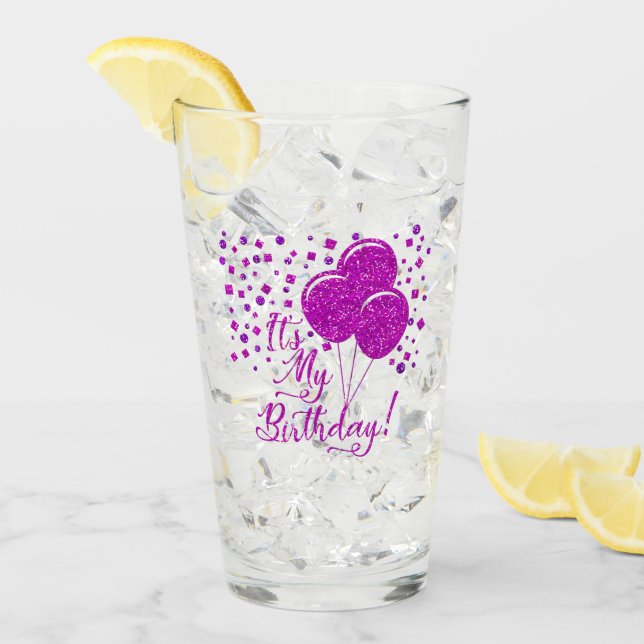Copo De Pint Balões de Aniversário Rosa Glitter! (Gelo frontal)