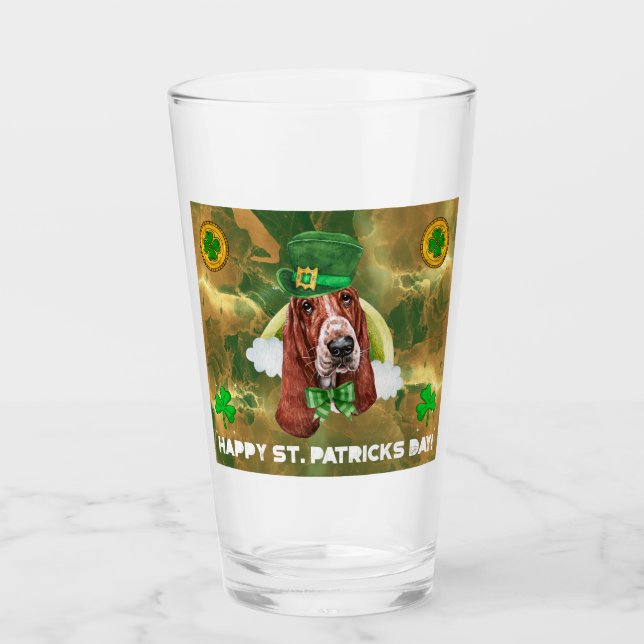 Copo De Pint Basset Hound Dourado Feliz Rua. Dia dos Patricinho (Frente)