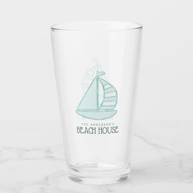 Copo De Pint Beach House Sailboat Aqua Blue ID623 (Frente)