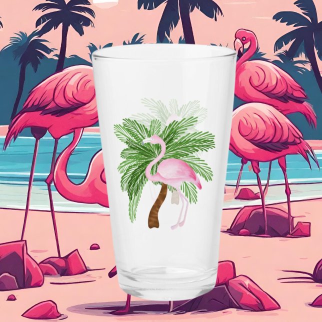 Copo De Pint Belo e rosa praia flamingo Vidro (Criador carregado)