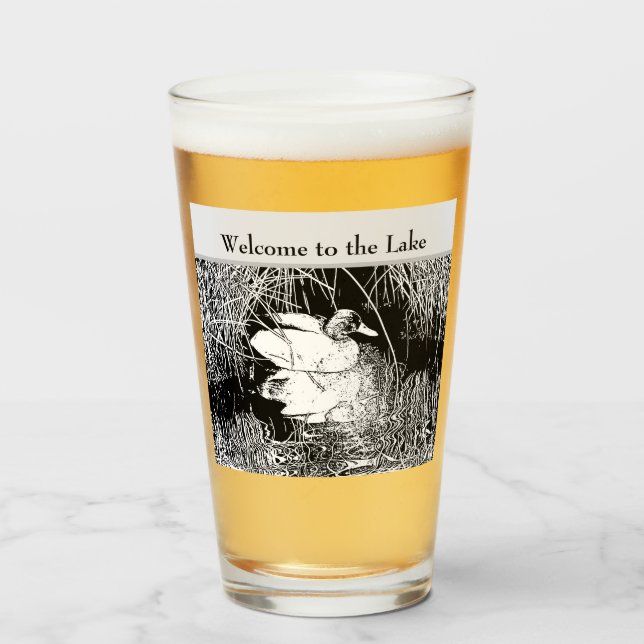 Copo De Pint Bem-vindo lago House Duck Foto Black White Nature (Frente (Preenchido))