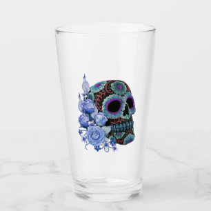 Copo De Pint Blue Floral Black Sugar Skull Day Of The Dead