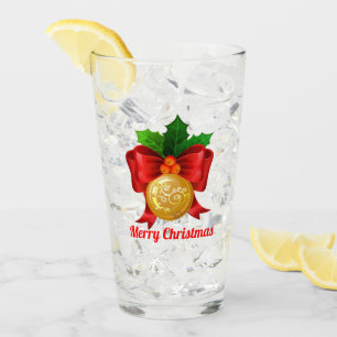 Copo De Pint Bola Dourada Natal e Fita Vermelha Personalizada