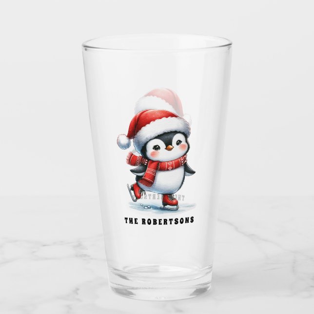 Copo De Pint Bom Natal para a Família Personalizada de Pinguins (Frente)
