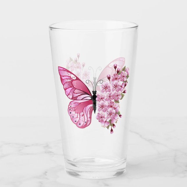 Copo De Pint Borboleta Flor com Sakura Rosa (Frente)