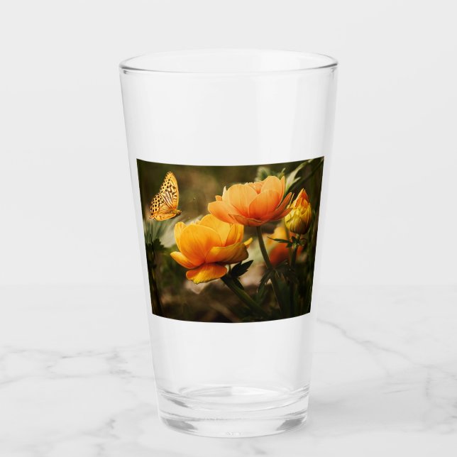 Copo De Pint Borboleta Laranja e Flores (Frente)