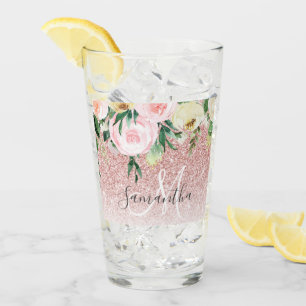 Copo De Pint Brilho Rosa Moderno e Flores Brilhante com Nome