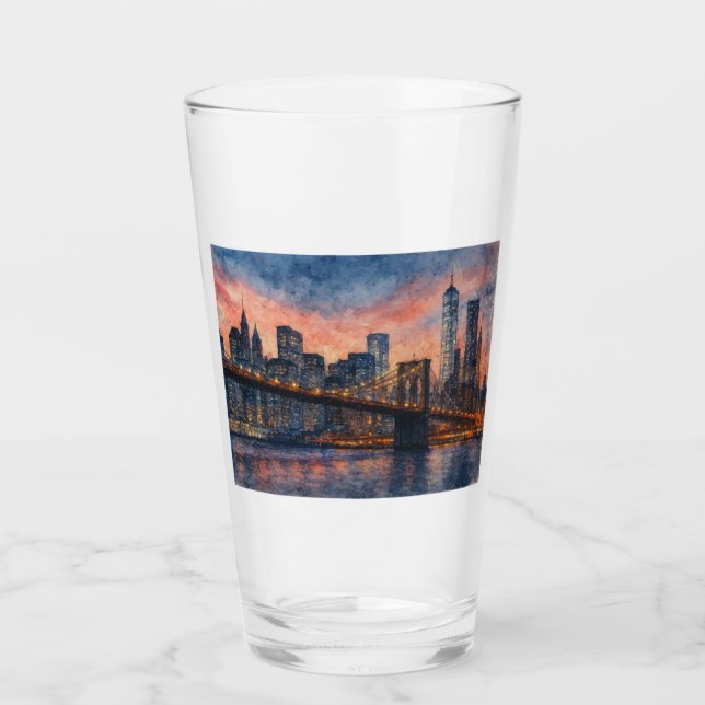 Copo De Pint Brooklyn Bridge Sunset Watercolor Art NYC (Frente)