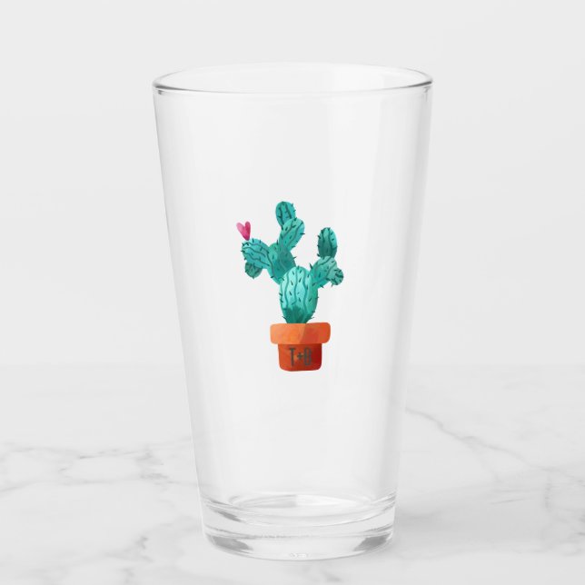 Copo De Pint Cactus Heart Casal Inicials Wedding Pink Green Pin (Frente)