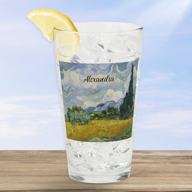 Copo De Pint Campo de trigo Van Gogh com nome personalizado cip (A personalized glass featuring Van Gogh's art "Wheat Field with Cypresses" and inspiring quote)