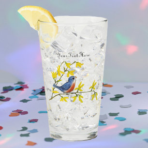 Copo De Pint Cantando Pássaro Vermelho Azul na Ramificação Flor